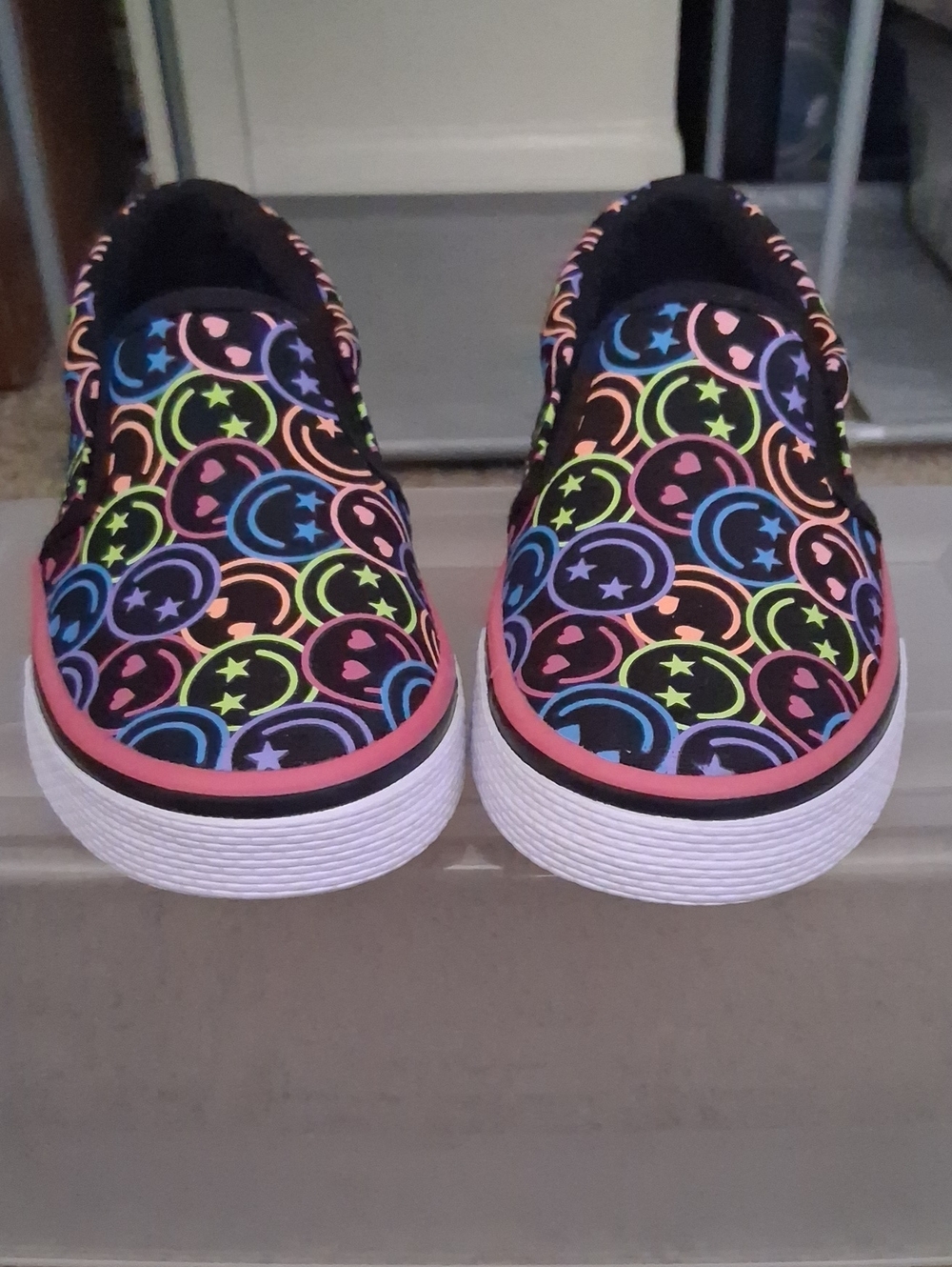 The Children's Place Black Slip-On Sneakers with Neon Smiley & Star Print